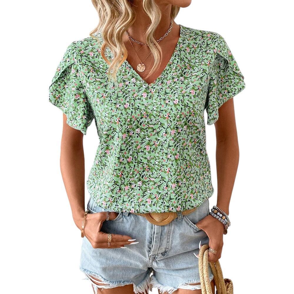 Green Boho Floral V Neck  Short Sleeve Blouse New  S